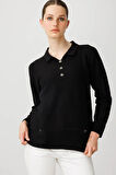 Desen Triko Kadın Polo Yaka Sahte Cepli Bluz 25243 Siyah
