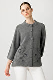 Desen Triko Kadın Dik Yaka Çiçek Desenli Kısa Yün Ceket 25015 Füme