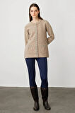 Desen Triko Kadın Sıfır Yaka Önü Keçe Kısa Yün Ceket 25018 K. Bej