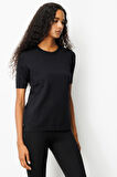 Desen Triko Kadın Sıfır Yaka Kısa Kollu Düz Bluz 25392 Siyah