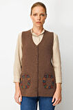 Desen Triko Kadın V Yaka Cebi Tığlamalı Yün Yelek 25020 D.Kahve