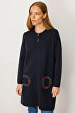 Desen Triko Kadın Dik Yaka Cebi Tığlamalı Uzun Yün Kaban 25023 Koyu Lacivert