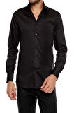 Gk 214 Slim Fit Klasik Yaka Pamuk Saten Uzun Kol Siyah Gömlek 