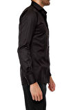 Gk 214 Slim Fit Klasik Yaka Pamuk Saten Uzun Kol Siyah Gömlek 