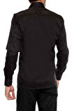 Gk 214 Slim Fit Klasik Yaka Pamuk Saten Uzun Kol Siyah Gömlek 