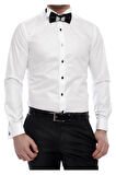 Gk 360 Slim Fit Duble Manşet Ata Yaka Beyaz Damatlık Smokin Gömlek 