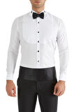Gk 361 Slim Fit Duble Manşet Önü Piliseli Ata Yaka Beyaz Damatlık Smokin Gömlek 