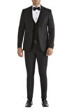 Black 034 Slim Fit Yelekli Çıkma Saten Yaka Siyah Damatlık Smokin Takım