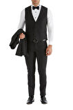 Black 034 Slim Fit Yelekli Çıkma Saten Yaka Siyah Damatlık Smokin Takım