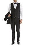 Black 034 Slim Fit Yelekli Çıkma Saten Yaka Siyah Damatlık Smokin Takım