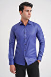 Gk 157 Slim Fit Pamuk Saten Uzun Kol Klasik Lacivert Gömlek 