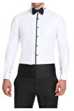 Gk 502 Slim Fit Duble Manşet Önü Biyeli Ata Yaka Beyaz Damatlık Smokin Gömlek 