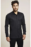 Gk 604 Slim Fit Pamuk Saten Klasik Siyah Gömlek 