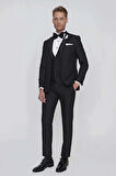 Black 063 Slim Fit Yelekli Çıkarılabilir Saten Yaka Siyah Damatlık Smokin Takım