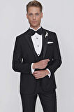 Black 063 Slim Fit Yelekli Çıkarılabilir Saten Yaka Siyah Damatlık Smokin Takım