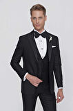 Black 063 Slim Fit Yelekli Çıkarılabilir Saten Yaka Siyah Damatlık Smokin Takım
