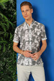 G 1502 Slim Fit Düğmeli Yaka Batik Desenli Kısa Kol Pamuk Gri Gömlek
