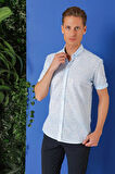 G 1503 Slim Fit Düğmeli Yaka Desenli Kısa Kol Pamuk Mavi Gömlek