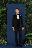 Black 070 Slim Fit Yelekli Çıkma Saten Yaka Siyah Damatlık Smokin Takım
