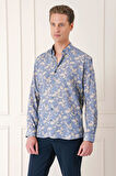 G 1567 Comfort Fit Düğmeli Yaka Yaprak Desenli Pamuk Casuel İndigo Gömlek