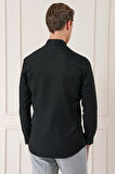 Gk 717 Slim Fit Düğmeli Yaka Dokulu Pamuklu Klasik Siyah Gömlek