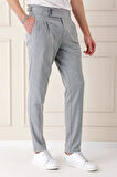 P 1153 Comfort Fit Çift Pile Yandan Tokalı Yüksek Bel Casuel Gri Pantolon