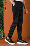 P 1151 Comfort Fit Yandan Tokalı Çizgili Keten Casuel Siyah Pantolon