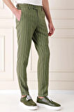 Comfort Fit Yandan Tokalı Çizgili Keten Casual Haki Pantolon P 1151