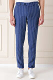 Comfort Fit Yandan Tokalı Çizgili Keten Casual İndigo Pantolon P 1151