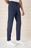 Comfort Fit Çizgili Gofre Kumaş Esnek Lacivert Pamuk Pantolon P 1157