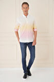 G 1572 Comfort Fit Degrade Desen Apoletli %100 Keten Pembe Gömlek