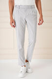 P 1158 Comfort Fit Çift Pileli Dokulu Esnek Pamuk Gri Mavi Pantolon