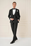 Black 077 Slim Fit Çıkma Saten Yaka Yelekli Siyah Damatlık Smokin Takım