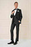 Black 077 Slim Fit Çıkma Saten Yaka Yelekli Siyah Damatlık Smokin Takım