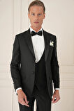 Black 077 Slim Fit Çıkma Saten Yaka Yelekli Siyah Damatlık Smokin Takım