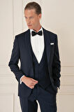 Black 078 Slim Fit Çıkma Saten Yaka Cerutti Kumaş Yelekli Lacivert Damatlık Smokin Takım