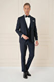 Black 078 Slim Fit Çıkma Saten Yaka Cerutti Kumaş Yelekli Lacivert Damatlık Smokin Takım