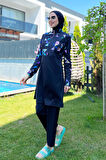 Yarım Fermuarlı Likralı Tam Kapalı Mayo R4502 Mavi Geometri | XL