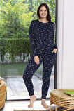 Kadın Yıldız Desen Uzun Kol Pijama Takımı 240928 Lacivert | XXL