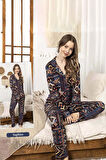 Kadın Kabile Desen Düğmeli Saphire Pijama Takımı 0335 Siyah02 | XL