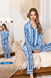Kadın Çizgili Desen Düğmeli Suprem Pijama Takımı 0324 Mavi | XXL