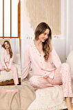 Kadın Yıldız Desen Düğmeli Suprem Pijama Takımı 0350 Pembe03 | XXL