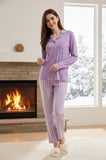 Kadın Desenli Önü Düğmeli Yumuşak Milan Kumaş Pijama Takımı 250378 Lila01 | XXL