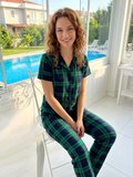 Kadın Ekose Kısa Kol Milan Kumaş Pijama Takımı 50101-2482 Yeşil | XXL