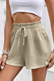 Ghassy Co. Kadın %100 Cotton Müslin Tatil Ev İçi/Dışı Kullanım Cepsiz Beli Bağcıklı Şort