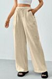 Ghassy Co. Kadın %100 Cotton Müslin Ultra Hafif Palazzo Model Geniş Paça Keten Karışım Pantolon