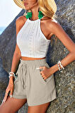Ghassy Co. Kadın Bambu Keten İç Göstermez Cepli Beli Bağcıklı Tatil Günlük Şort
