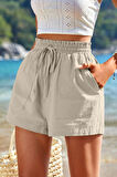 Ghassy Co. Kadın Bambu Keten İç Göstermez Cepli Beli Bağcıklı Tatil Günlük Şort