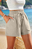 Ghassy Co. Kadın Bambu Keten İç Göstermez Cepli Beli Bağcıklı Tatil Günlük Şort