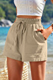 Ghassy Co. Kadın Bambu Keten İç Göstermez Cepli Beli Bağcıklı Tatil Günlük Şort